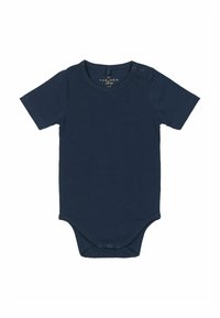 Navyblå kortärmad bodysuit i mjuk bomull. Har en rund halsringning med tryckknappar vid axlarna och på botten för enkel påklädning.