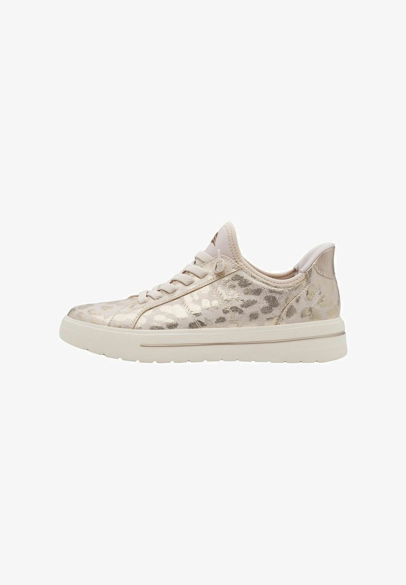 Baskets à lacets en beige métallique avec motif léopard. Présentent une tige texturée, un bout arrondi, et une semelle extérieure en caoutchouc.