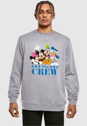 Grauer Sweatshirt mit Rundhalsausschnitt, das lebendige Disney-Charaktergrafiken zeigt, einschließlich Mickey, Minnie, Donald und Goofy. Der Text lautet "Disney CREW."