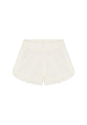 Leinen-Shorts in Off-White mit weicher Textur, versehen mit einem gerafften Saum und einem elastischen Bund für Komfort.