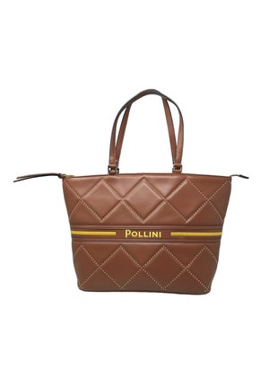 Borsa tote marrone trapuntata con motivi a diamante, dettagli in oro e pelle testurizzata. Presenta doppi manici e un audace logo giallo.