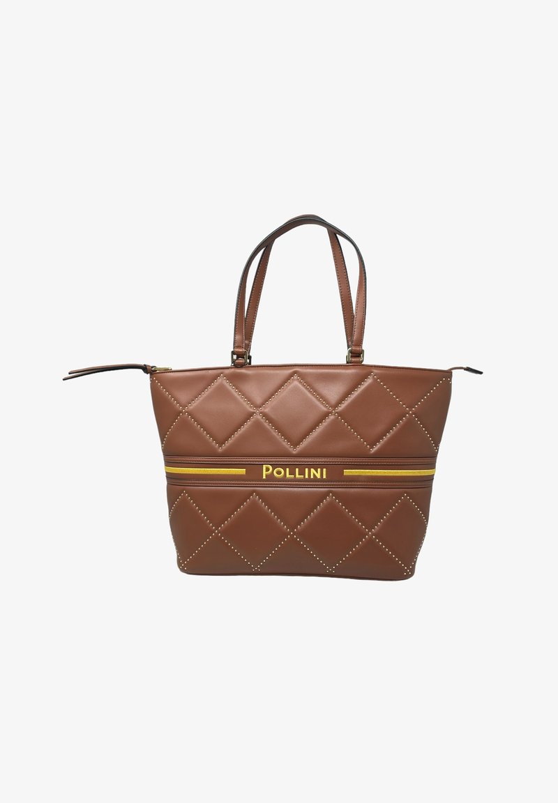 Borsa tote marrone trapuntata con motivi a diamante, dettagli in oro e pelle testurizzata. Presenta doppi manici e un audace logo giallo.