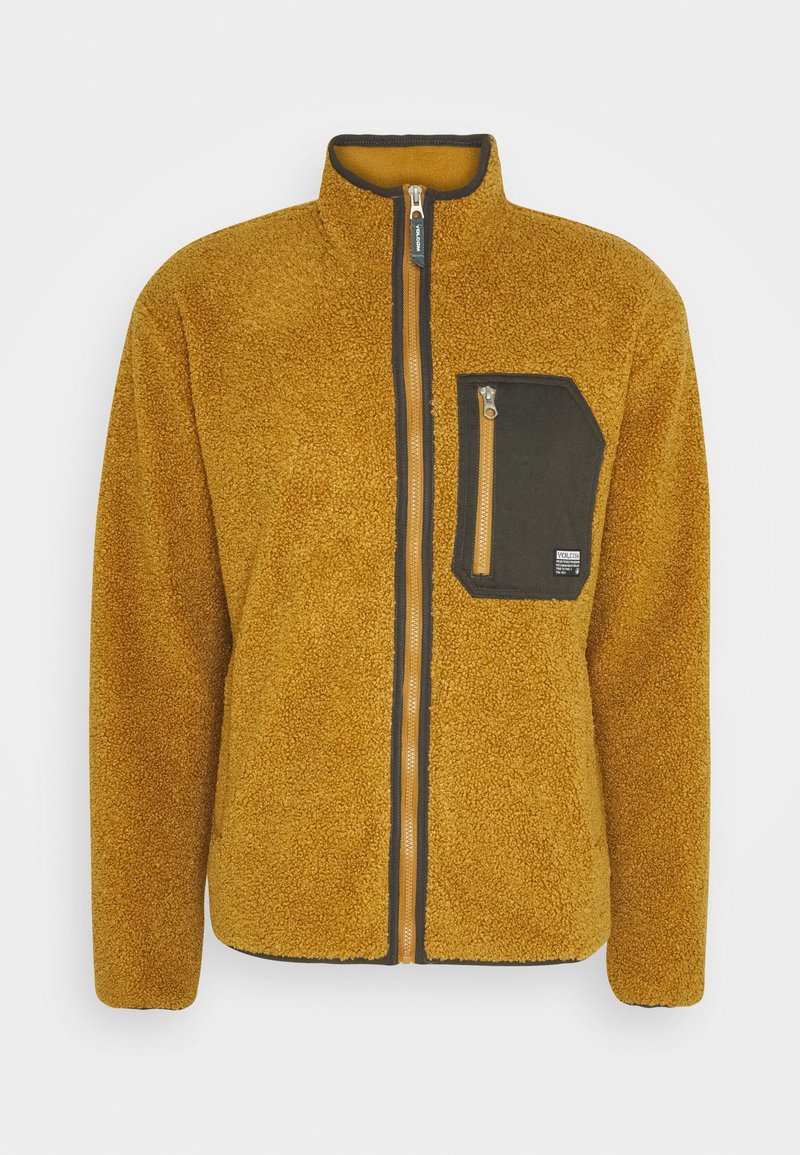 Mosterdgele fleece jack met volledige ritssluiting aan de voorkant en een donkergrijze ritssluiting op de borst, met een opstaande kraag.
