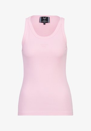 Ärmelloses, rosa, geripptes Tanktop mit rundem Ausschnitt, kleinem geprägtem Logo auf der Brust und schwarzem Größenschild im Kragen.