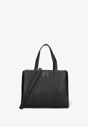 Sac fourre-tout en cuir noir au design structuré, doté de poignées supérieures et d'une bandoulière amovible. Accent logo doré sur l'avant.