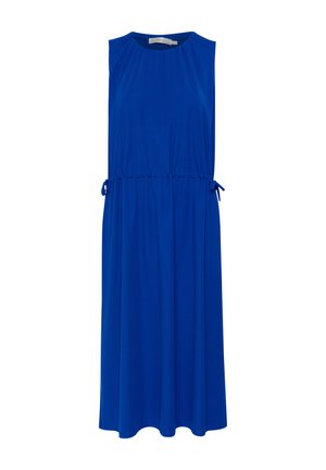 Modra brezrokavna obleka iz mehkega blaga, z nabranim ovratnikom in elastičnim pasom z nastavljivimi vezalkami na straneh.