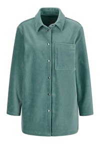 Grüne Corduroy-Hemdjacke mit kragenförmigem Ausschnitt, Knopfverschluss, langen Ärmeln und einer Brusttasche. Sie zeichnet sich durch eine weiche Textur und eine lockere Passform aus.