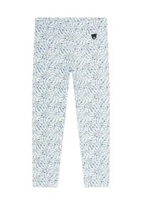 Leggings met een lichtblauwe bloemenprint op een witte achtergrond, gemaakt van zachte stof. Inclusief een zwart berenlogo op de tailleband.