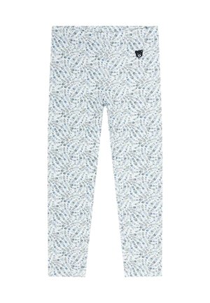 Leggings mit einem hellblauen Blumenmuster auf weißem Hintergrund, aus weichem Stoff. Enthält ein schwarzes Bärenlogo am Bund.