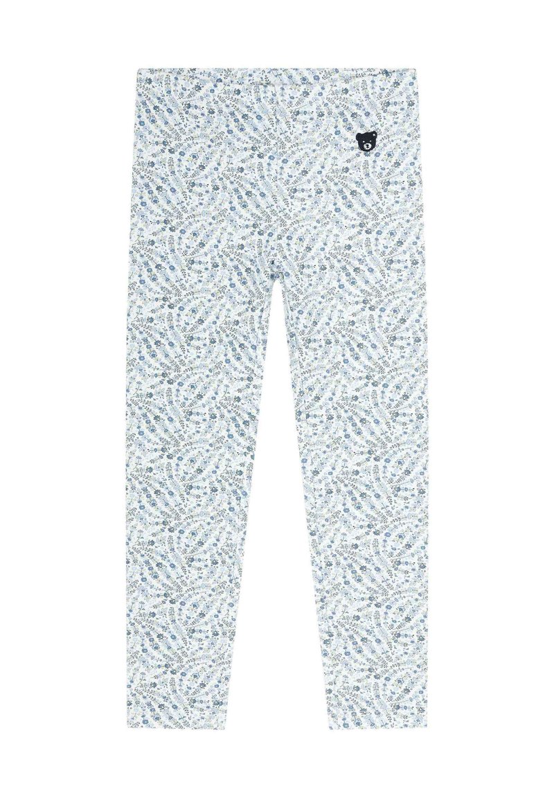 Leggings met een lichtblauwe bloemenprint op een witte achtergrond, gemaakt van zachte stof. Inclusief een zwart berenlogo op de tailleband.