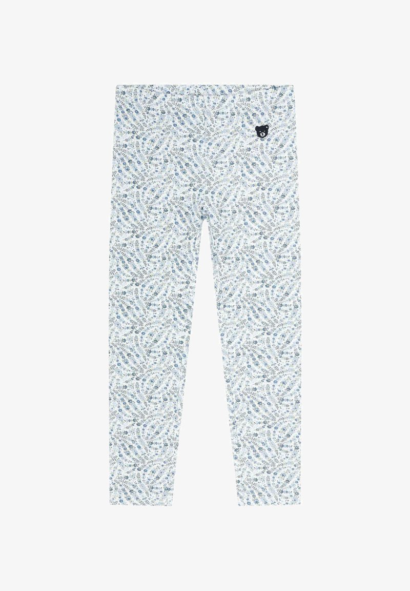 Leggings con un estampado floral en azul claro sobre un fondo blanco, confeccionados en una suavizada tela. Incluyen un logo de oso negro en la cintura.