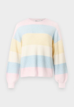 Suéter de suave tejido de punto, con rayas horizontales en tonos pastel de rosa, azul, amarillo y crema. Mangas anchas y cuello redondo.