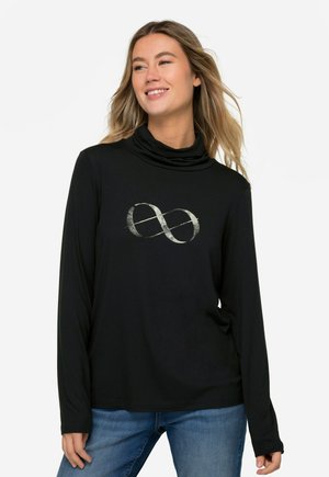 Schwarzes Langarmshirt mit hohem Cowl-Neck und silbernem Unendlichkeitssymbol-Grafik auf der Vorderseite. Weicher, glatter Stoff mit lockerem Schnitt.