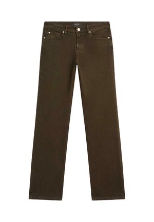 Brown denim pants with a straight leg design, featuring five-pocket styling and a metal button closure at the waist.