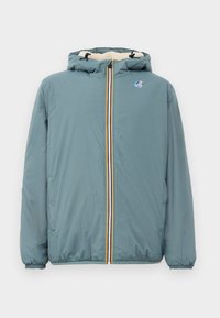 Lys blå hettegenser med glidelås foran, med multicolor kant og lite logo på brystet, elastiske mansjetter og myk fleecefôr inni hetta.