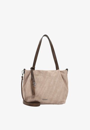 Beige kangaskäsilaukku, jossa on ruskeat nahkahihnat ja yksityiskohdat. Edessä koristeellinen hapsu ja hopeinen tunnus. Säädettävä olkahihna ristiin kannettavaksi.