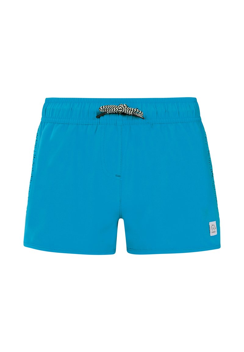 Blauwe zwembroek met een elastische tailleband, zwarte en witte trekkoord, en zijpanelen van mesh. Bevat een klein logopATCH aan de voorkant.