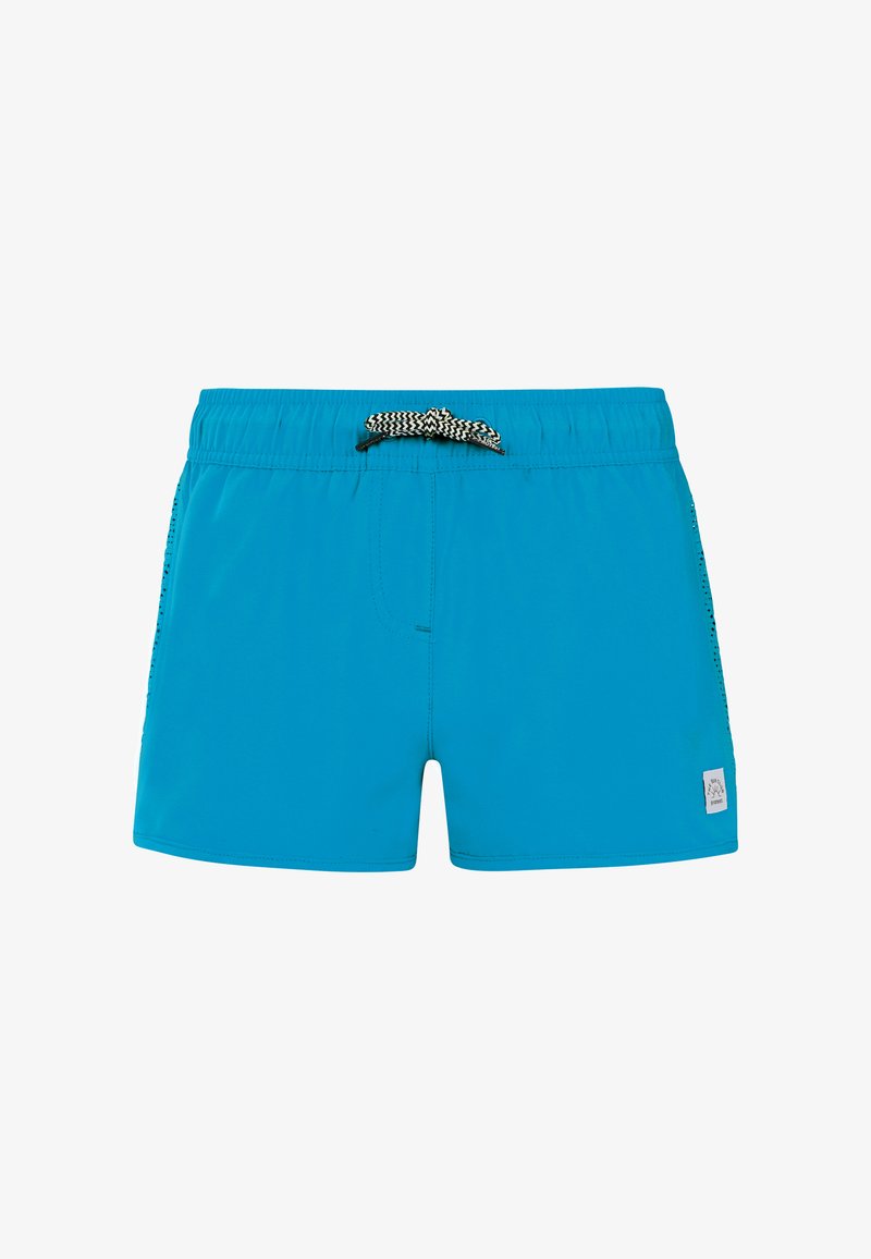 Blauwe zwembroek met een elastische tailleband, zwarte en witte trekkoord, en zijpanelen van mesh. Bevat een klein logopATCH aan de voorkant.