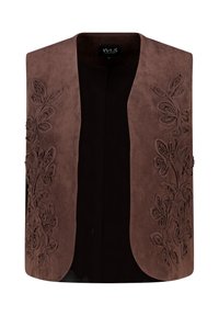 Bruine mouwloze vest met bloemenborduurwerk aan beide zijden en een open voorkant, gemaakt van een suede-achtige stof.
