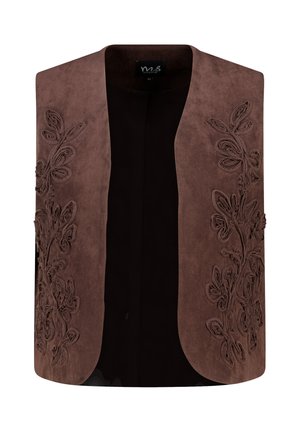Gilet sans manches marron avec broderies florales des deux côtés et devant ouvert, en tissu semblable à du daim.