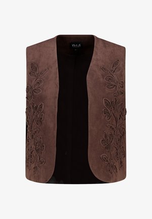Bruine mouwloze vest met bloemenborduurwerk aan beide zijden en een open voorkant, gemaakt van een suede-achtige stof.