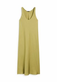 Ärmelloses, A-Linien-Kleid aus olivgrünem Stoff mit tiefem V-Ausschnitt. Glatte Textur und bodenlanger Schnitt, der eine schlichte Silhouette bietet.