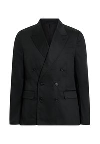 Blazer doppiopetto nero realizzato in tessuto morbido, con grandi bottoni, revers a punta e due tasche frontali.