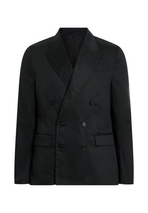 Zwarte dubbelbreasted blazer van gladde stof, met grote knopen, piekrevers en twee voorzakken.