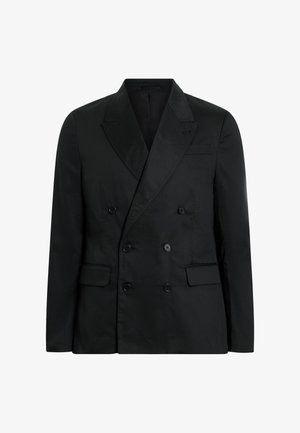 Blazer doppiopetto nero realizzato in tessuto morbido, con grandi bottoni, revers a punta e due tasche frontali.
