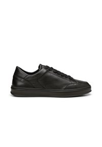 Schwarze Ledersneaker mit niedrigem Profil, runder Zehenform und flacher Gummisohle. Verfügt über minimale Details und dezente Perforationen an den Seiten.