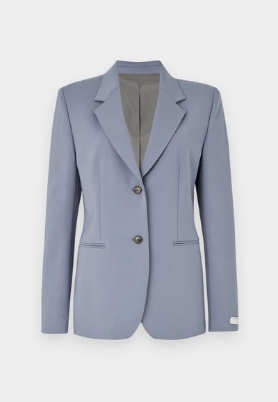 Light blue blazer with a notched collar, two front buttons, and subtle pinstripe detailing. Made from smooth fabric with two side pockets.