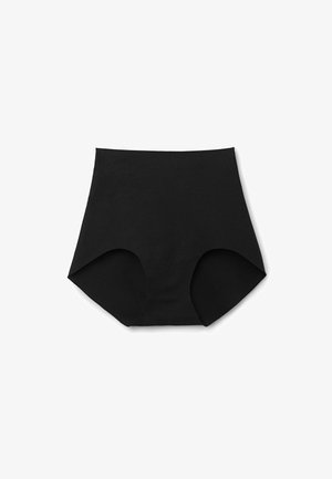 Højtaljede sorte bomuldsunderbukser med en glat tekstur og bred talje. Har et fuld dækning design med åbne benåbninger.