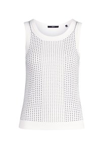Top bianco senza maniche con una superficie a coste, caratterizzato da un motivo di piccoli punti blu navy e un collo rotondo. Design elegante e aderente.