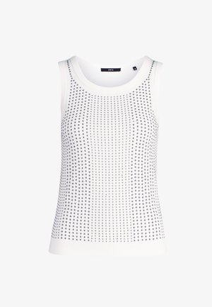 Weißes Tanktop mit geripptem Muster, versehen mit einem Muster aus kleinen marineblauen Punkten und einem runden Ausschnitt. Elegantes, enganliegendes Design ohne Ärmel.