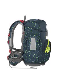 Dark blue backpack with green and light blue confetti pattern, padded straps, multiple compartments, reflective patch, and bright yellow zipper pull.