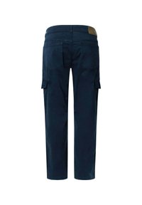 Pantalones cargo marinos con un diseño de pierna recta, fabricados con una suave tela de algodón. Presentan dos bolsillos laterales y un pequeño bolsillo trasero tipo parche.