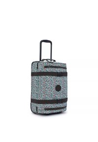 Rolling suitcase with a multicolor pattern in red and teal. Features black straps and a retractable handle. Sturdy build and wheels.