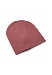 Beanie in magenta lavorato a maglia con forma arrotondata, texture a coste e cima piatta. I dettagli delle cuciture sono visibili sulla parte superiore e sui lati.