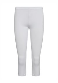 Hvide capri leggings lavet af et glat, strækbart stof, har en høj talje og ankellængde uden synlige mønstre eller accenter.