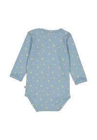 Světle modrý dlouhý rukáv body pro miminka s žebrovanou texturou, se vzorem banánů a zapínáním na druky na spodní části.