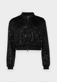 Black cropped bomber jacket with sequined texture, contrasting ribbed cuffs and hem, and a front zip closure. Smooth collar.