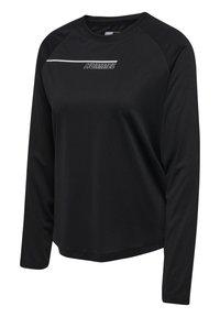 Svart långärmad träningsskjorta med ribbad textur. Har ett vitt horisontellt rand och logo på framsidan, rund halsringning och raglanärmar.