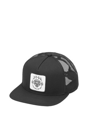 Czarna siateczkowa czapka z daszkiem typu trucker z płaskim rondem i przednią naszywką przedstawiającą ryczącego tygrysa otoczonego drutem kolczastym.
