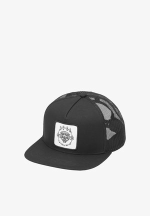 Zwarte truckerpet met gaas, platte klep en een voorste patch met een brullende tijgerkop omringd door prikkeldraad.