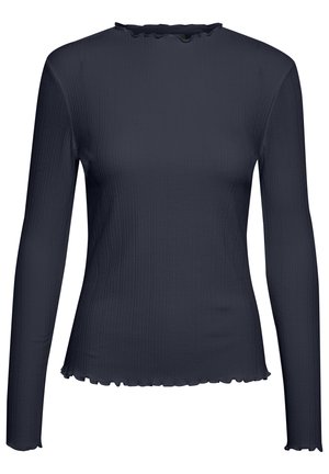 Navy blue ribbed long-sleeve shirt with a scalloped neckline and hem, made from a smooth, stretch fabric. Minimalist design.