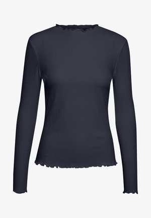 Marineblaues, geripptes Langarmshirt mit einem gewellten Ausschnitt und Saum, aus einem glatten, elastischen Stoff gefertigt. Minimalistisches Design.