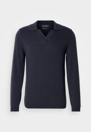 Men's dark navy knitted pullover with long sleeves, V-neck, and a flat collar. Features subtle logo embroidery on the chest. Soft texture.