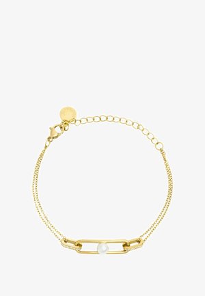 Zlatý řetízek na zápěstí s centrálním článkem, který má bílou perlu a třpytivé detaily. Nastavitelná délka s uzávěrem.