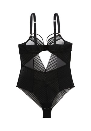 Body en dentelle noire transparente avec bretelles réglables, bonnets à armatures, motifs géométriques en mesh et fermetures à pression à l'entrejambe.