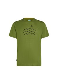 Olijfgroene T-shirt van soepel stof met een zwart mountain en zon graphic aan de voorkant. Ronde hals, korte mouwen, casual ontwerp.